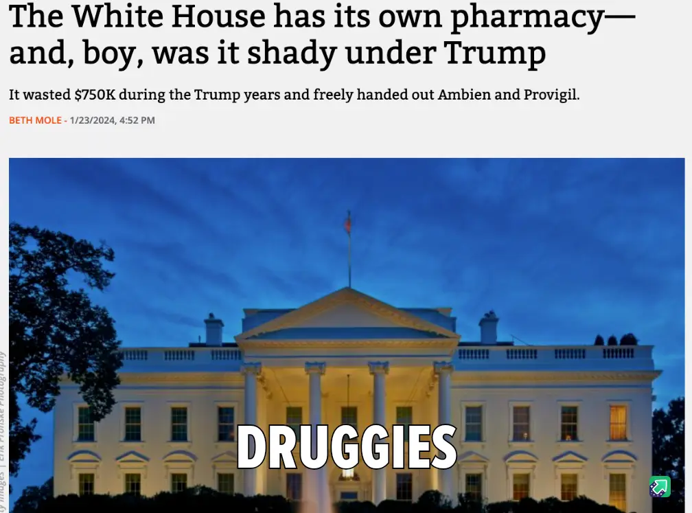 A nighttime photo of the White House with large white text overlaid that reads 'DRUGGIES'. The image also includes a news…