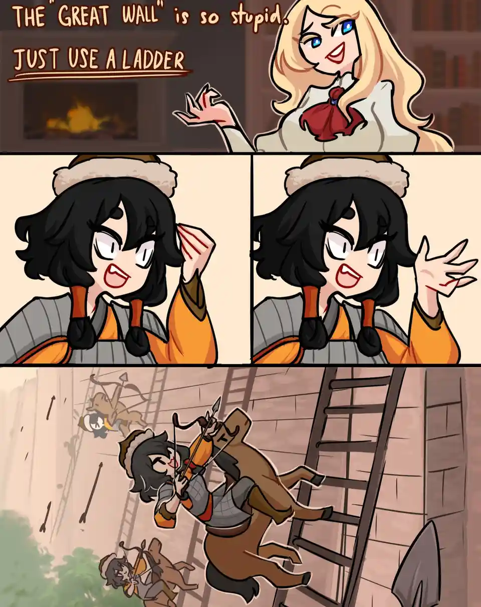 A comic strip shows a blonde woman in a cozy room dismissing the Great Wall as 'stupid' and suggesting 'just use a ladder.'…
