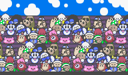 three panels show a stadium crowd of pixelated Kirby characters, with the first panel showing a diverse crowd, the second…