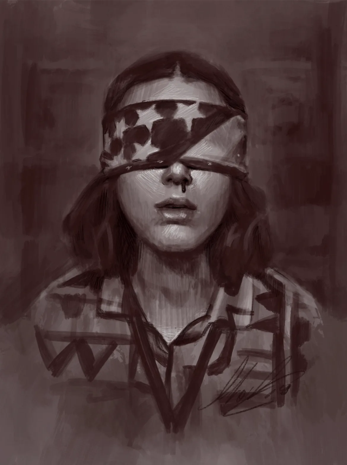 A monochrome sketch depicts a person with long hair wearing a blindfold patterned with the stars and stripes of the american…