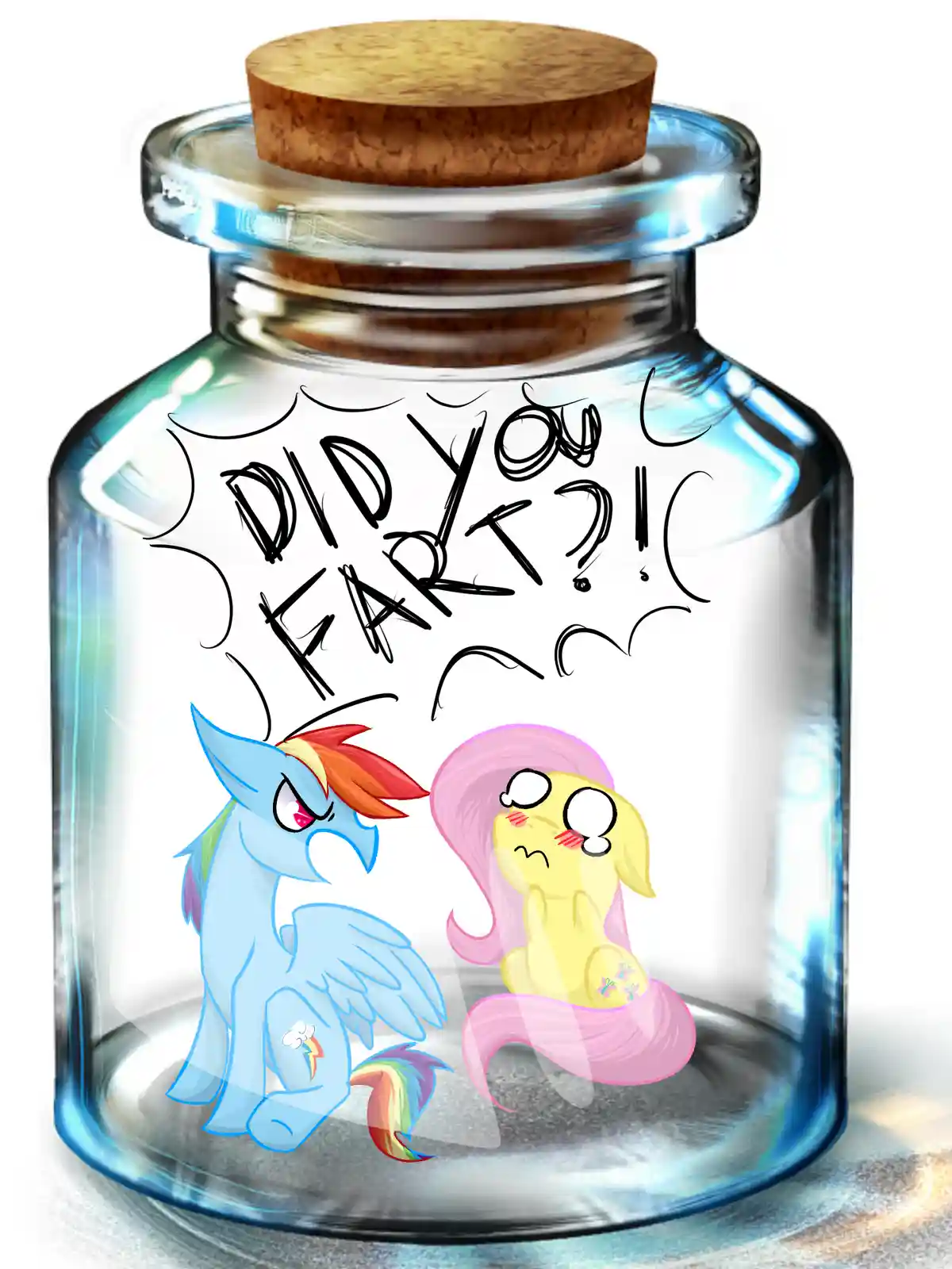 Two cartoon ponies, one blue with a rainbow mane and one yellow with a pink mane, are trapped inside a glass jar with a cork…