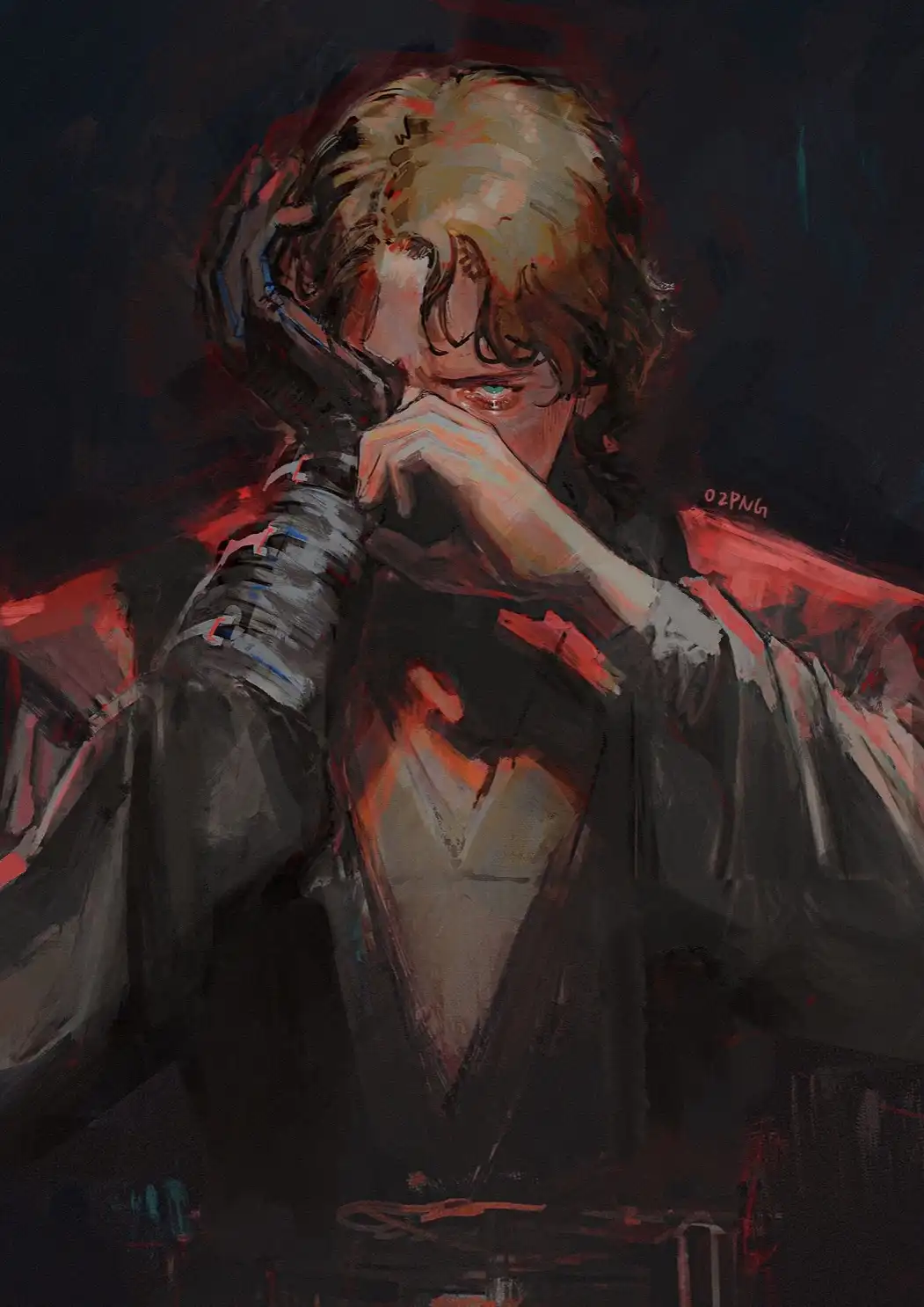 A dark, painterly digital illustration shows a young man with messy brown hair, one eye visible and teary, covering his face…