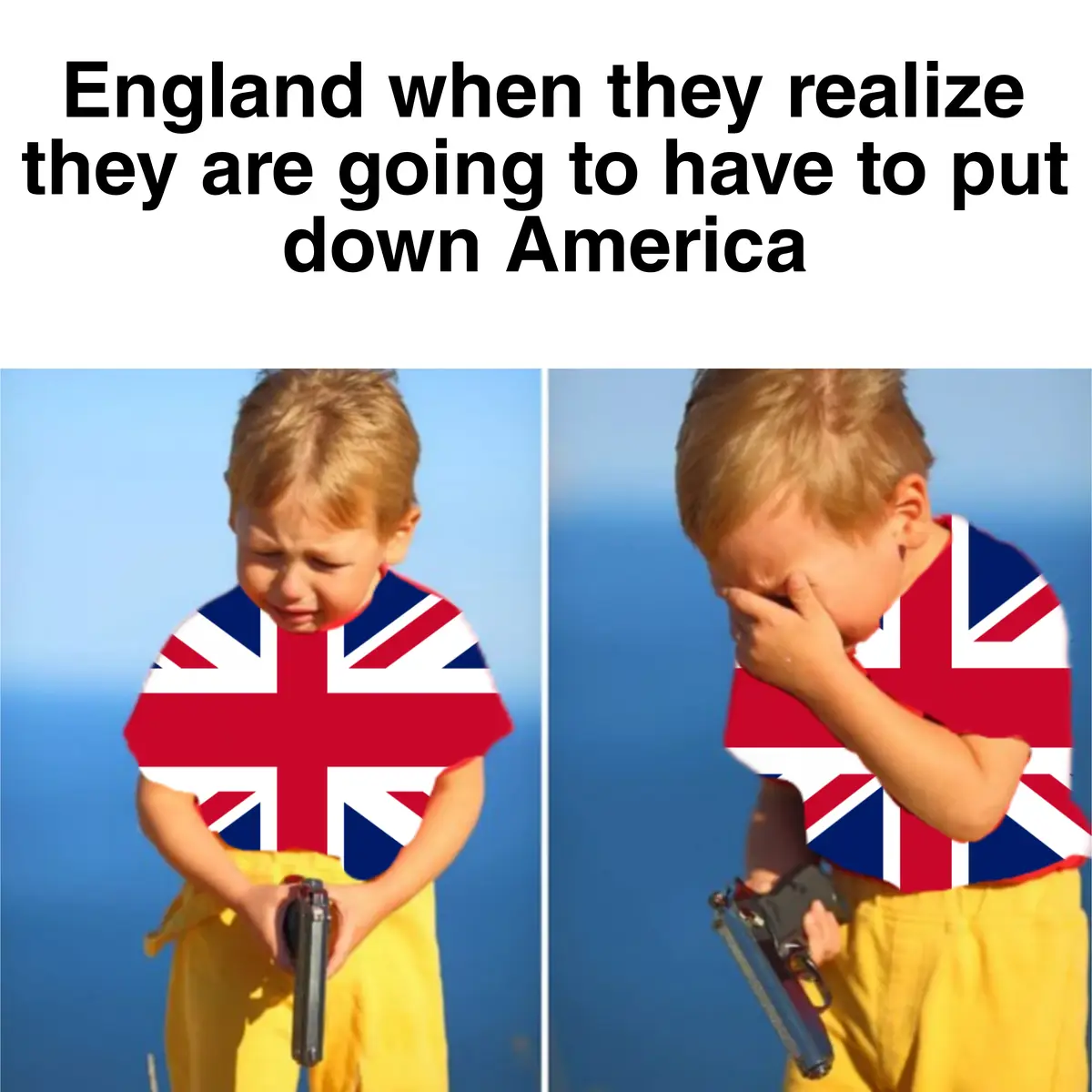 The image shows a split-screen of a young boy wearing a Union Jack shirt. In the left panel, he looks down with a sad…