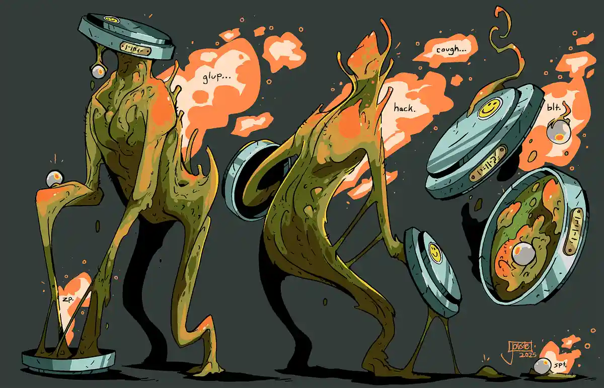 A cartoonish, green, slimy alien creature with a round, smiling faceplate on its head is shown in three stages of…
