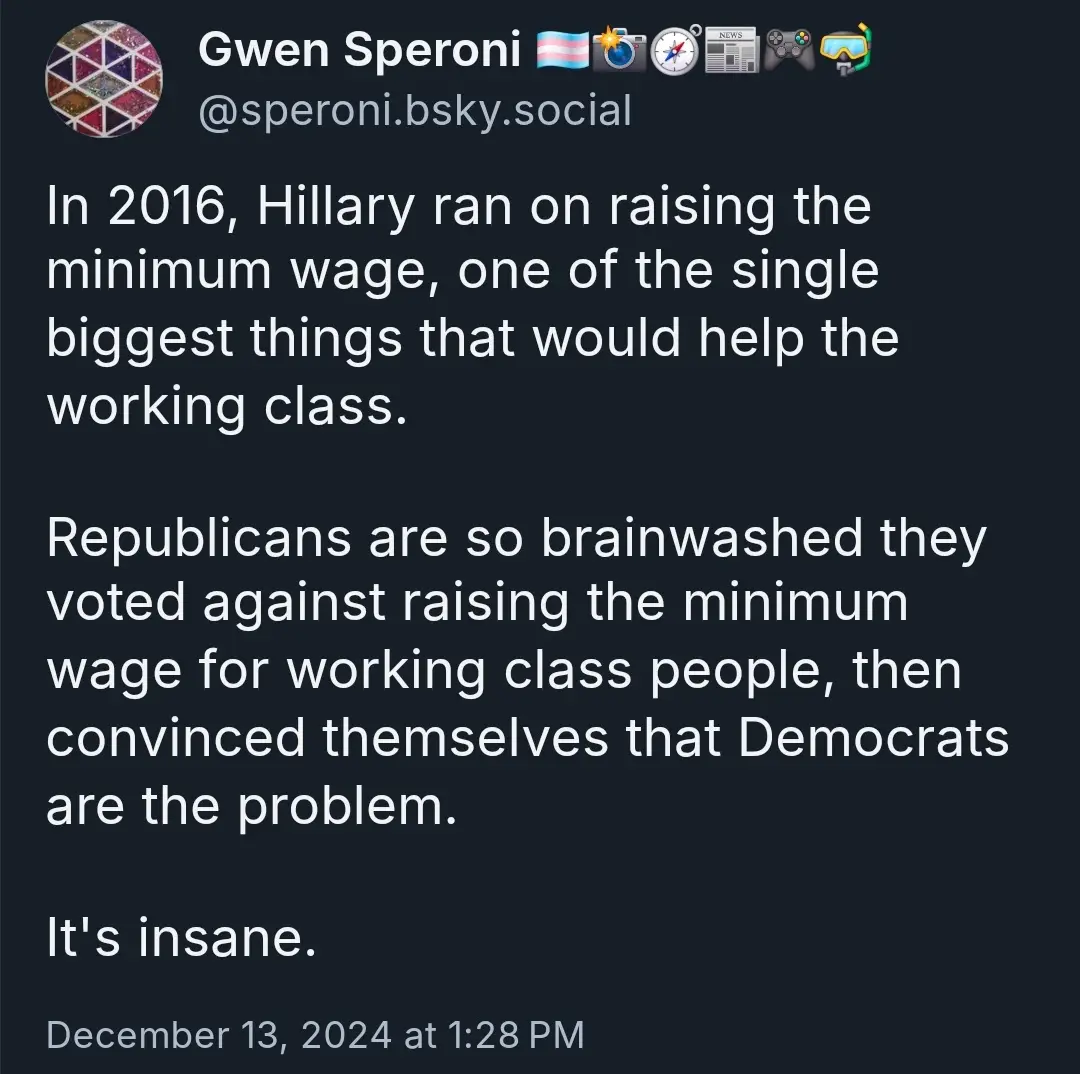 A screenshot of a social media post by Gwen Speroni on a dark background, featuring white text that reads: 'In 2016, Hillary…