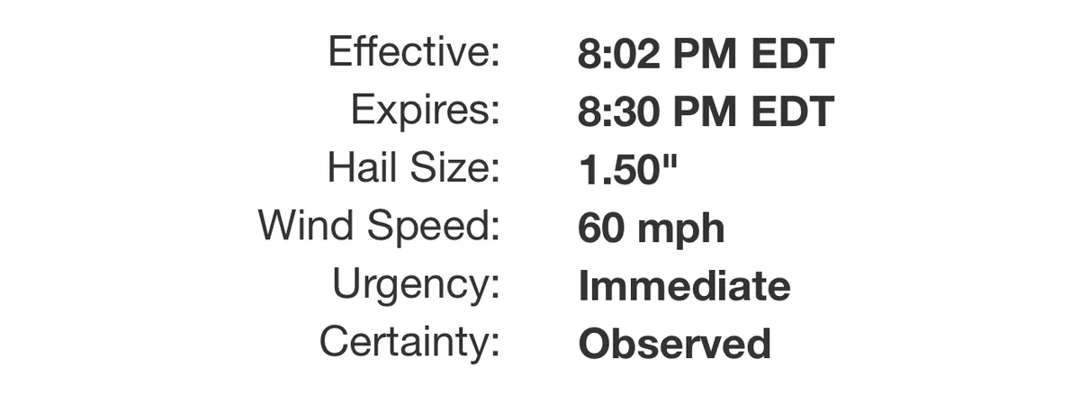 A white-background image displays a weather alert with black text listing parameters: Effective 8:02 PM EDT, Expires 8:30 PM…