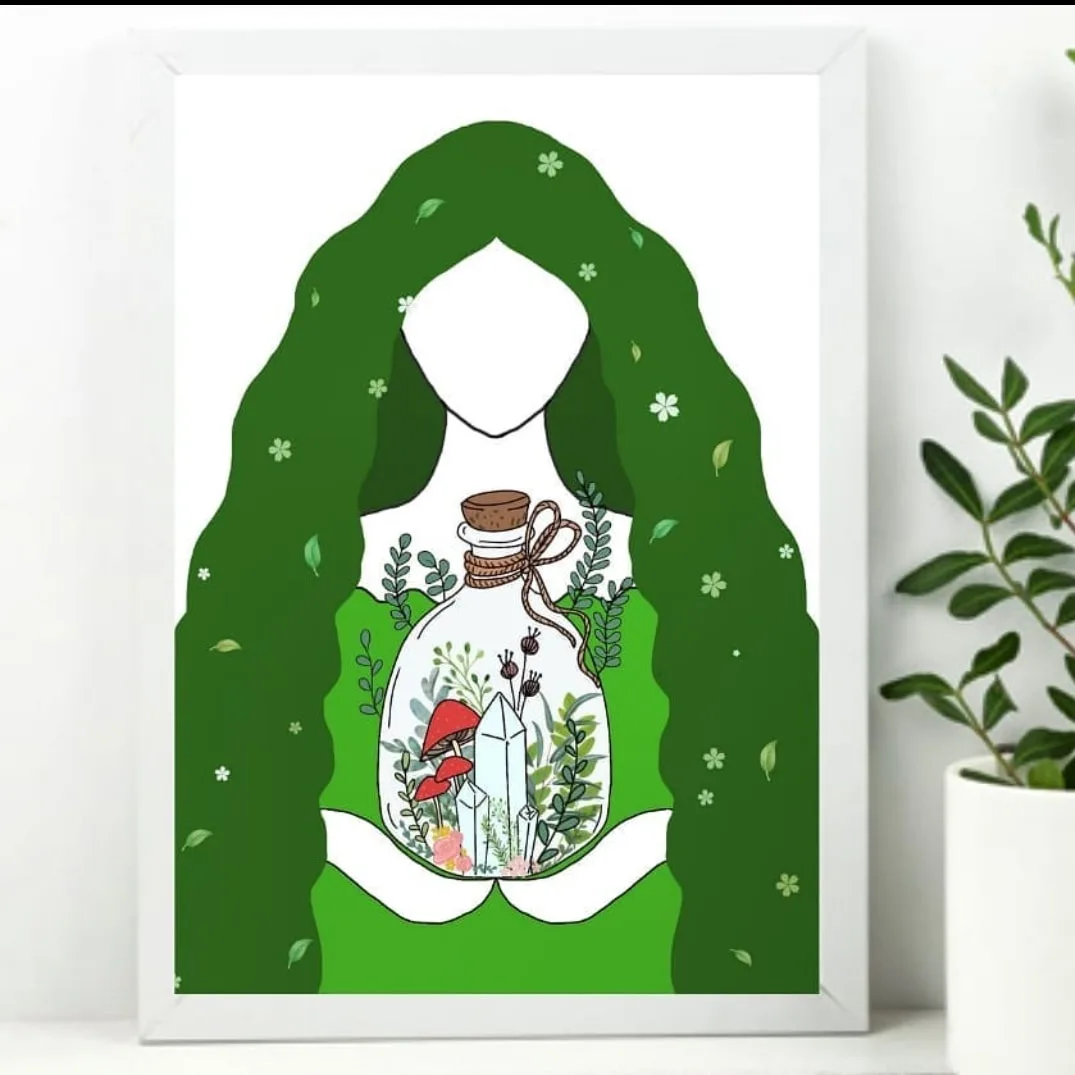 A framed illustration shows a stylized female figure with long green hair and a white dress, her torso replaced by a glass…