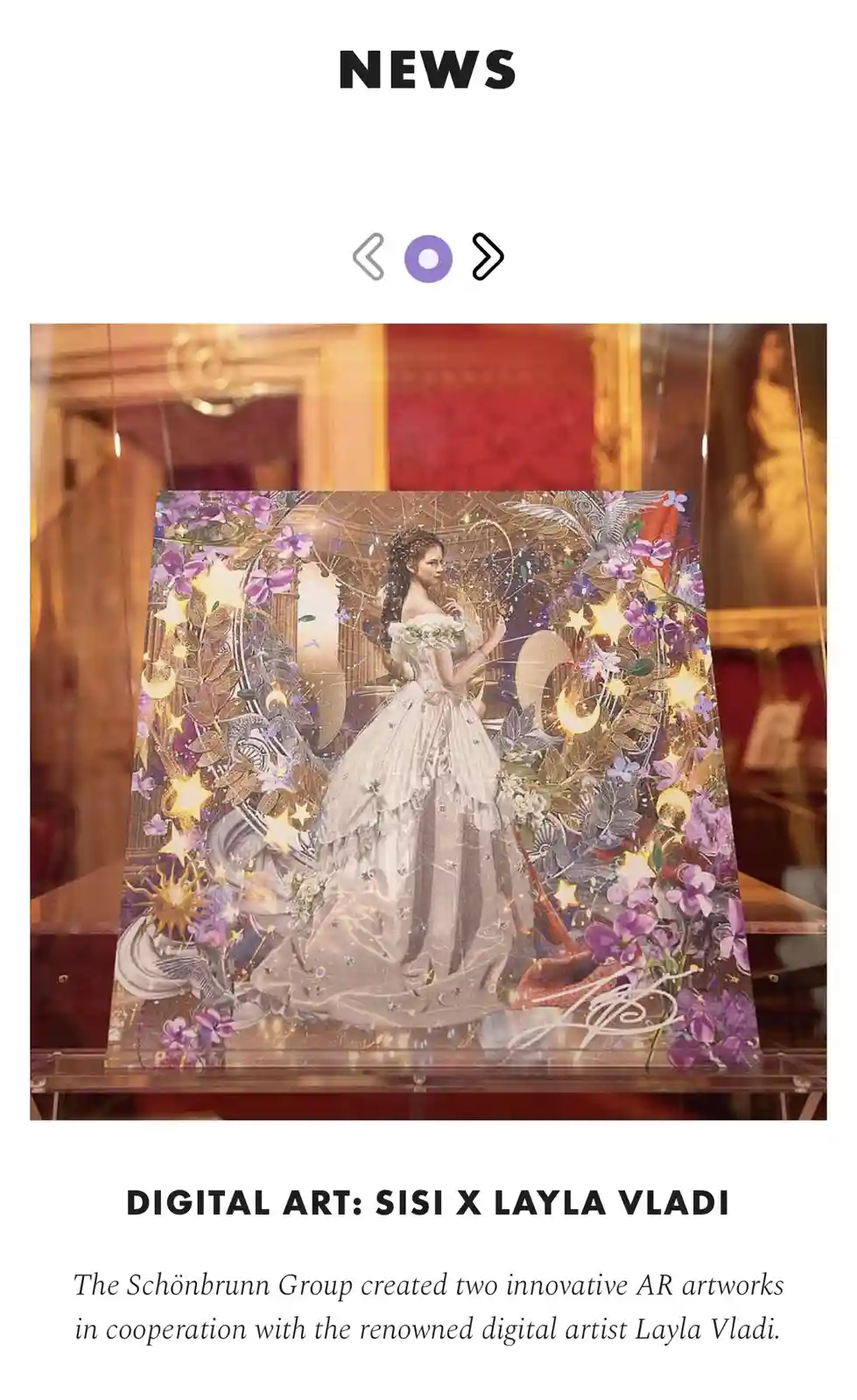 An image displays a digital artwork titled 'Sisi x Layla Vladi' presented in a glass case, featuring a woman in a white gown…