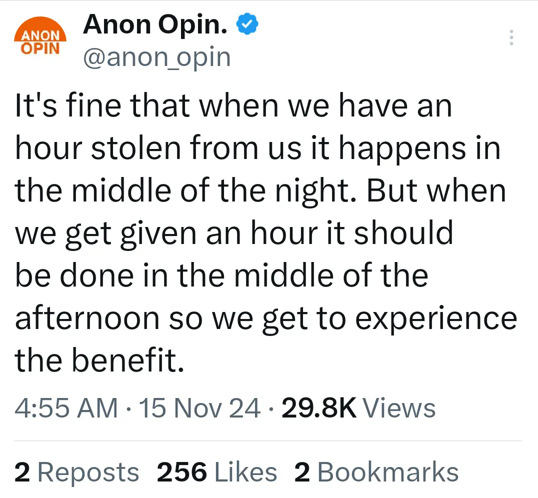 A screenshot of a tweet from the account 'Anon Opin.' (@anon_opin) with a blue verification checkmark. The tweet text reads…