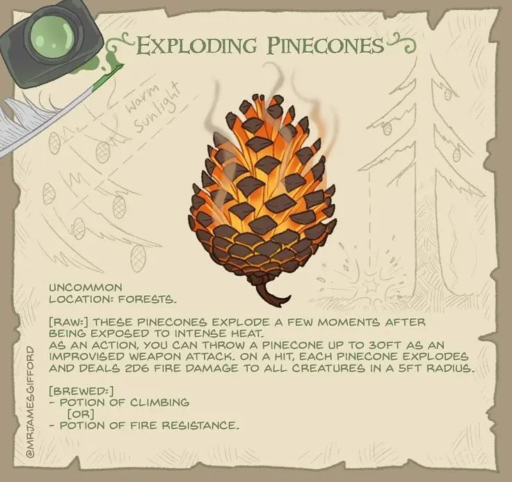 An illustrated fantasy item sheet titled 'Exploding Pinecones' depicts a pinecone on fire with smoke rising. The text…