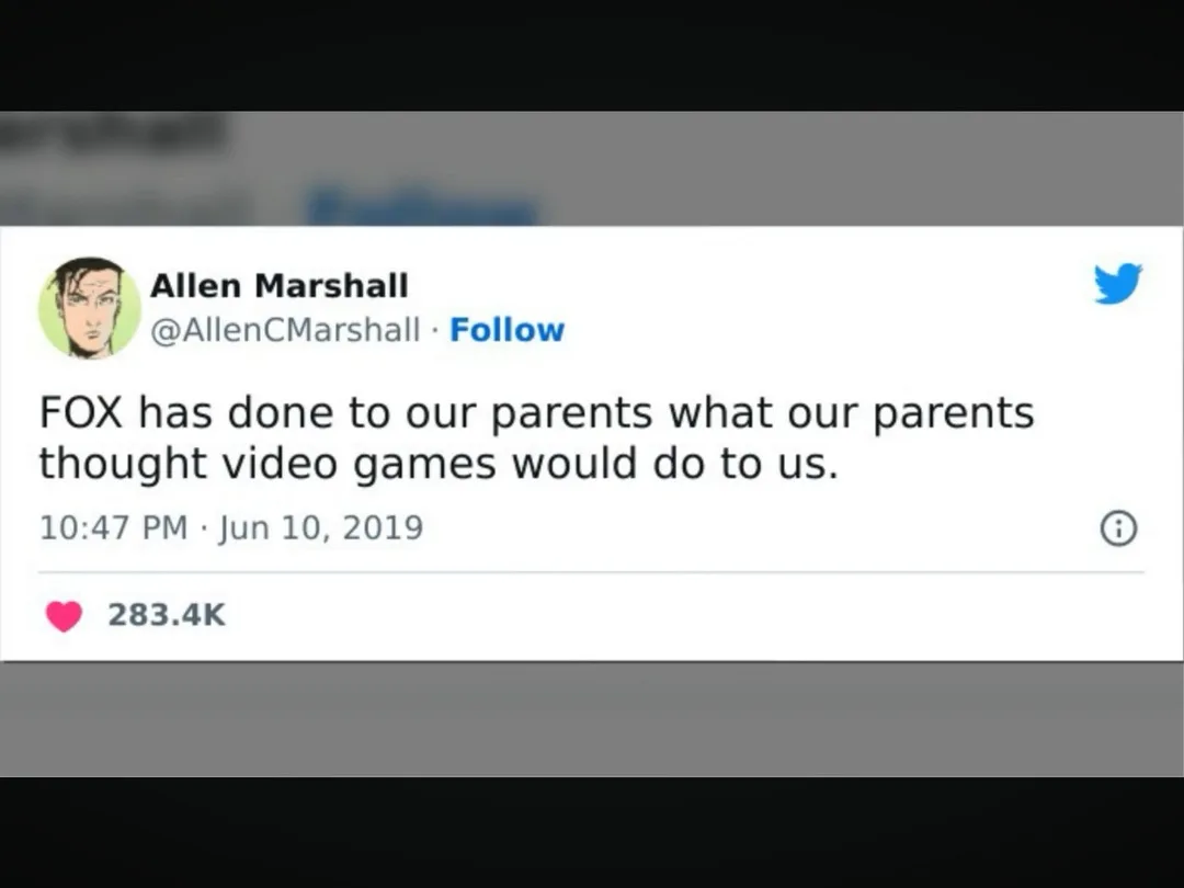 A screenshot of a 2019 tweet by Allen Marshall (@AllenCMarshall) with a cartoon avatar, stating 'FOX has done to our parents…