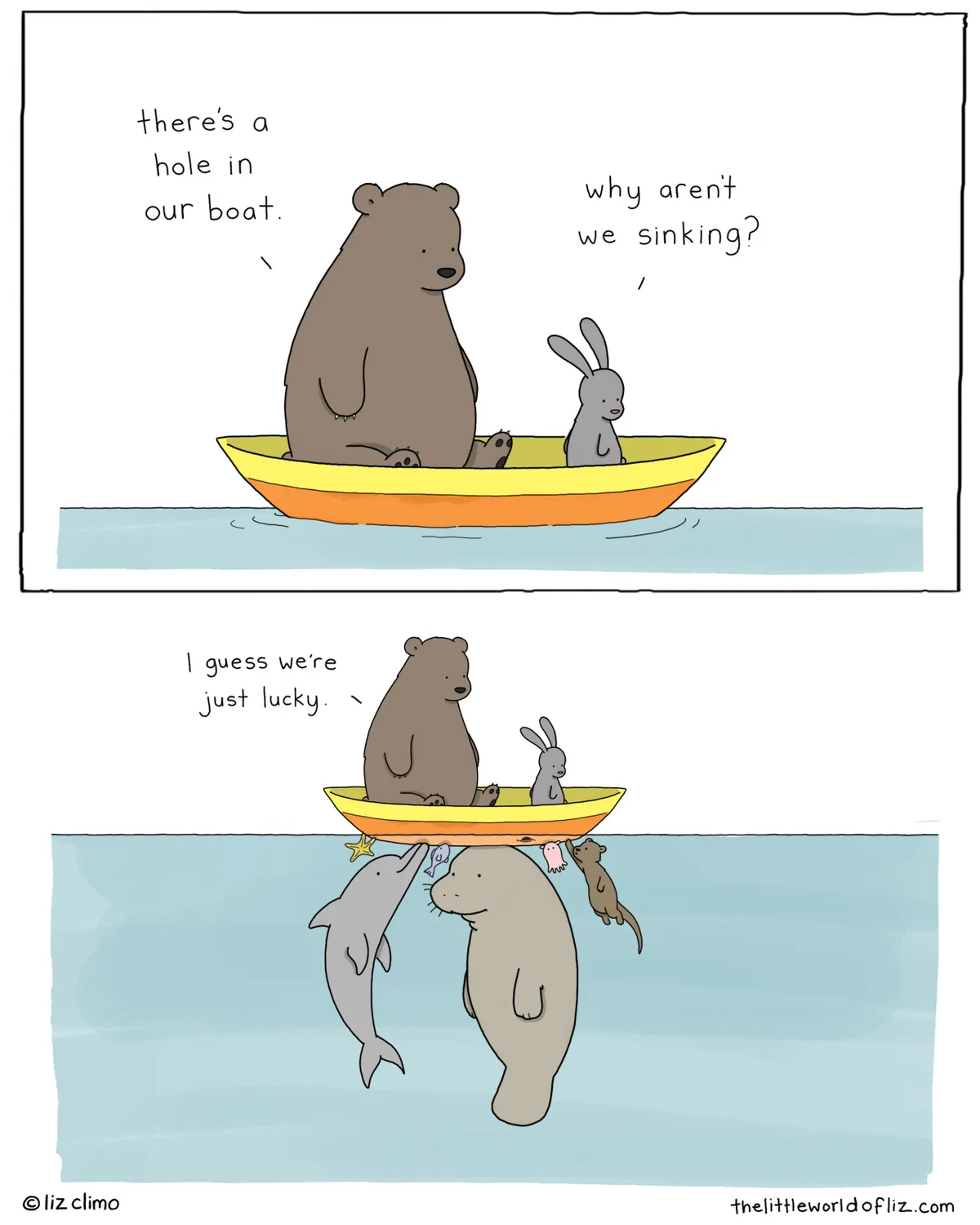 A two-panel comic shows a bear and a rabbit in a small yellow boat. In the first panel, the bear says there's a hole in the…