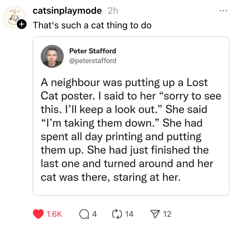 A screenshot of a Twitter post by Peter Stafford describing how his neighbor was putting up lost cat posters and her cat…