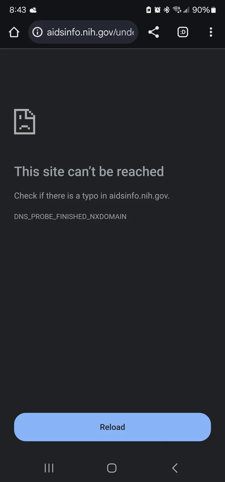 A smartphone browser displays a 'This site can't be reached' error page for aidsinfo.nih.gov, showing a sad document icon…