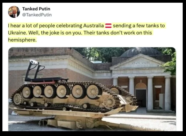 A meme image shows a small, toy-like tank mounted on a wooden sled, positioned in front of a classical building with…