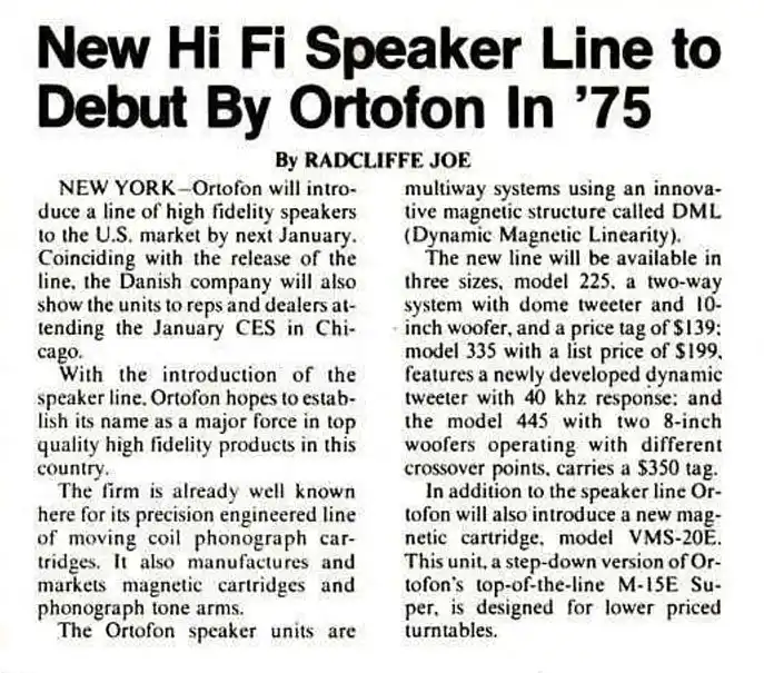 A vintage newspaper clipping from 1975 announces Ortofon's new high-fidelity speaker line, detailing models 225, 335, and…