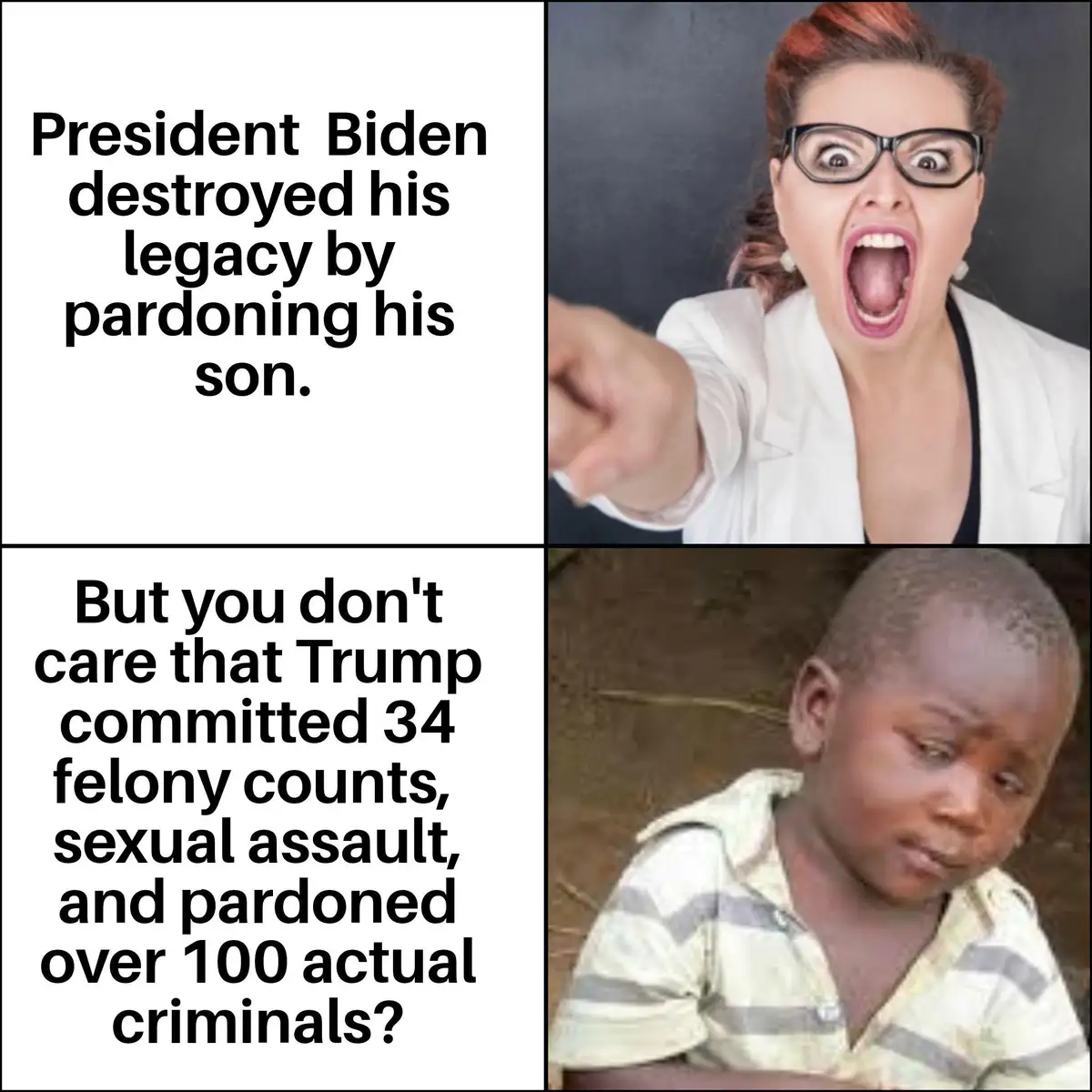 The meme features two panels: the top shows a woman in a white coat with glasses, screaming and pointing angrily at the…