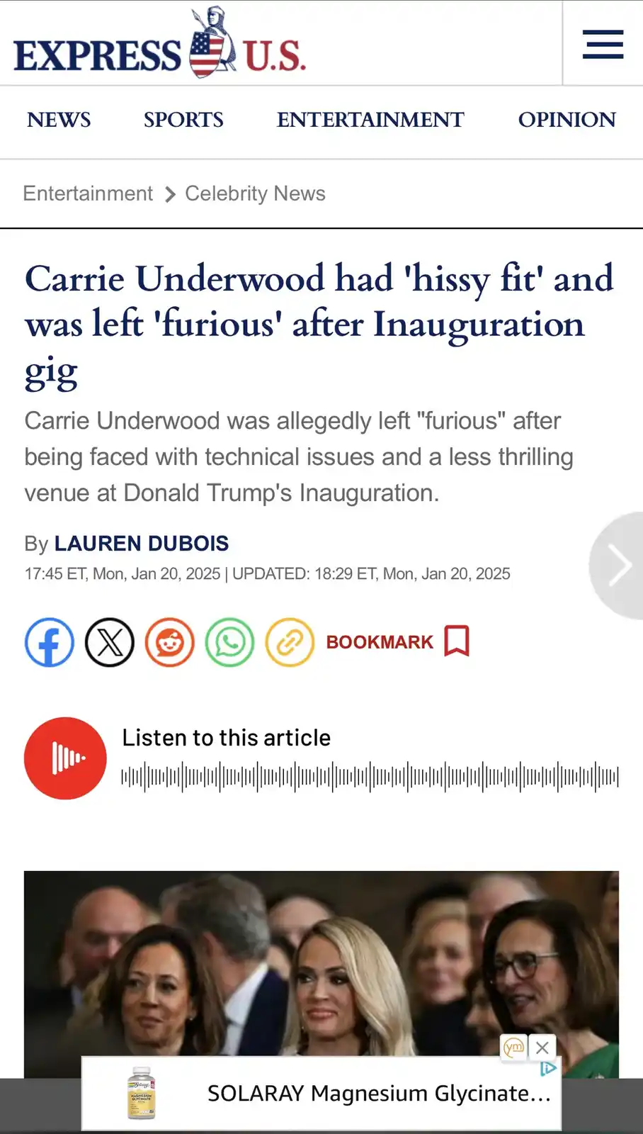 A screenshot of an Express U.S. news article about Carrie Underwood allegedly being furious after her performance at Donald…