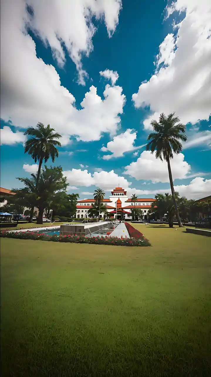 a vibrant, idyllic photo of a large white building with red roofs, surrounded by lush green lawns, tall palm trees, and…