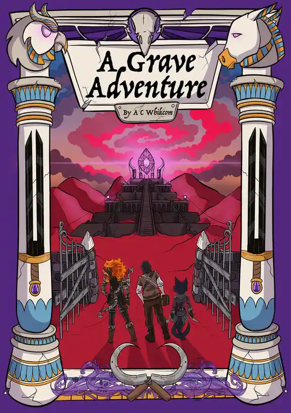 An illustrated fantasy book cover titled 'A Grave Adventure' by A C Whikcom, showing three adventurers walking toward a…