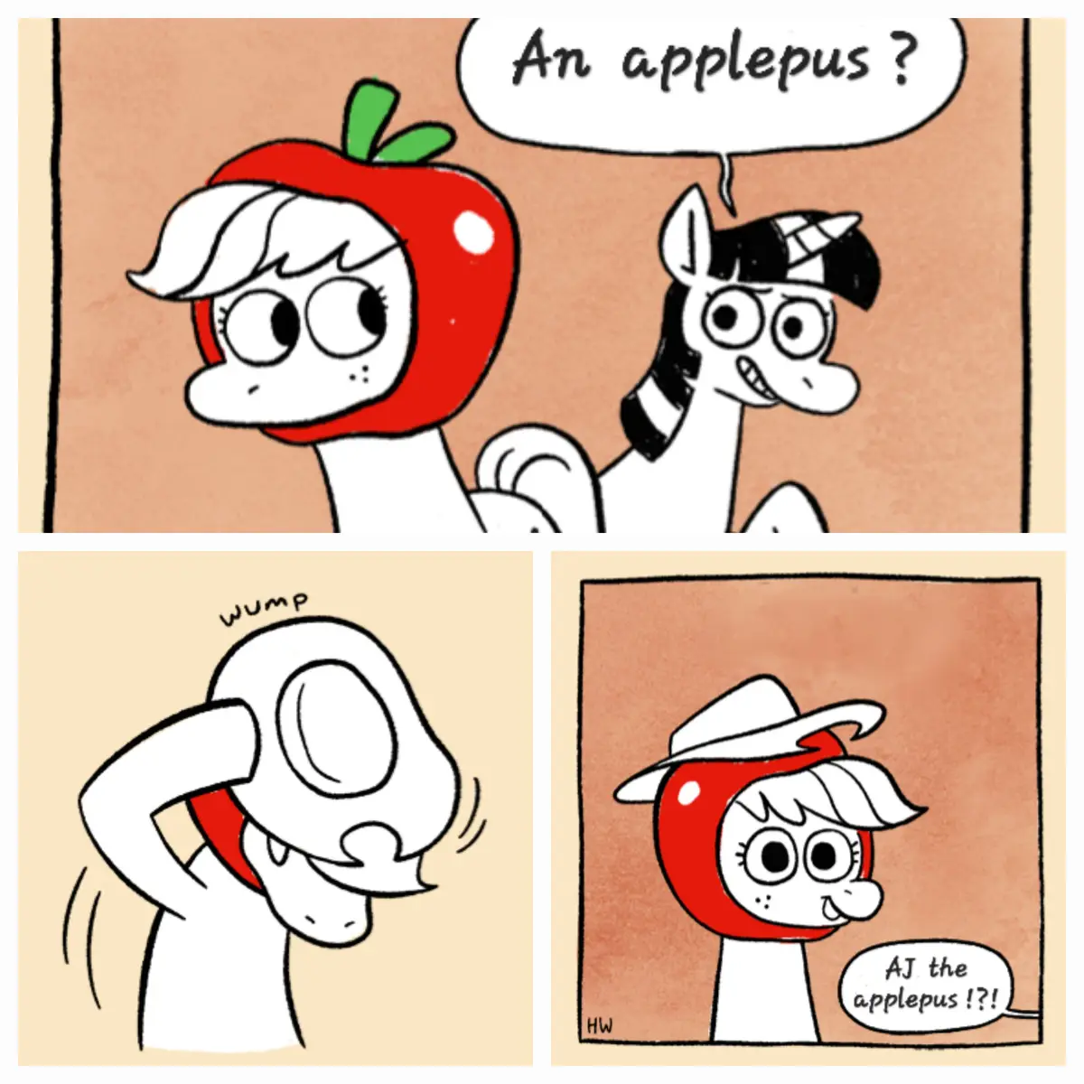 A three-panel comic strip featuring cartoon ponies. In the first panel, a pony with an apple-shaped headpiece asks, 'An…