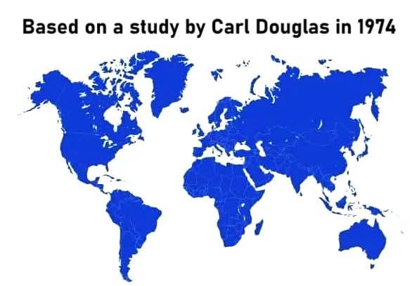 A world map with all continents colored solid blue, overlaid with the text 'Based on a study by Carl Douglas in 1974'. The…