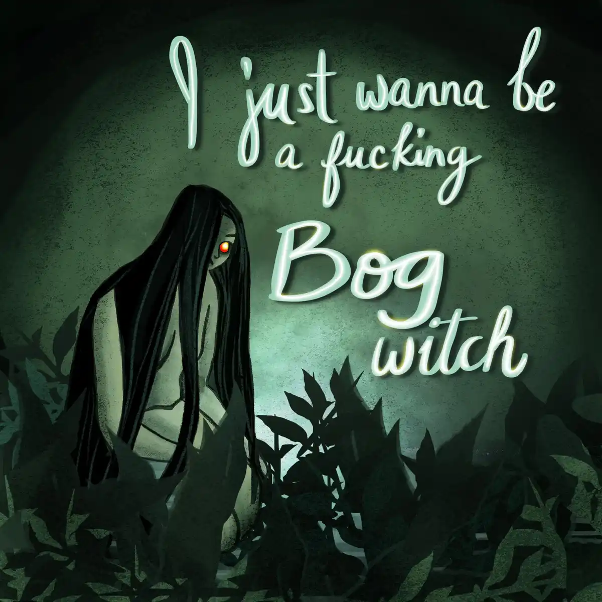 An illustration of a hooded, pale figure with long black hair and a glowing red eye, standing in dark green foliage under a…