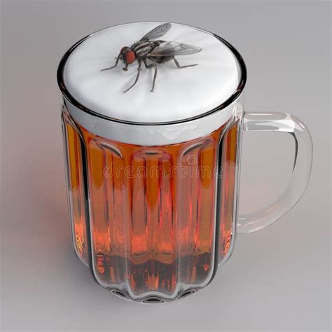 A clear glass beer mug filled with amber liquid and topped with white foam, with a detailed fly resting on the foam's…