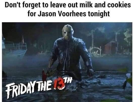 A still from the movie 'Friday the 13th' shows Jason Voorhees wading through water at night, holding a machete, with the…