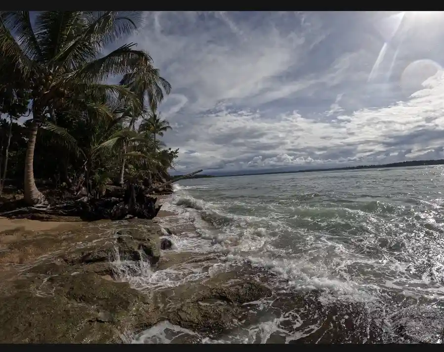 A scenic tropical beach with palm trees on the left, waves crashing on rocky shore, and a partly cloudy sky with sun flare…