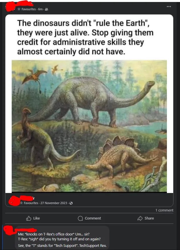 An illustration of several dinosaurs in a prehistoric landscape, including a large sauropod, a smaller bipedal dinosaur, and…