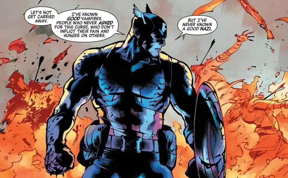 A comic book panel shows Captain America standing in a fiery battle scene, holding his shield. Three speech bubbles contain…