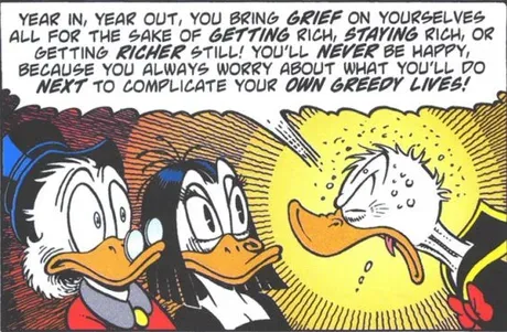 A comic panel featuring Donald Duck looking stressed and sweating while two other ducks look on. The text overlaid on the…