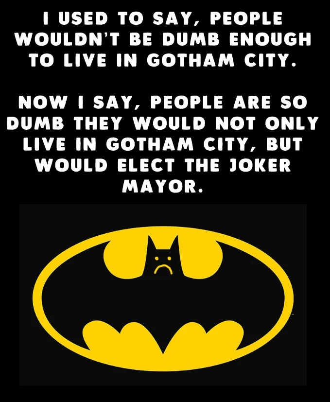 The image displays the classic Batman logo, which has been modified to show a sad, frowning bat face instead of the usual…