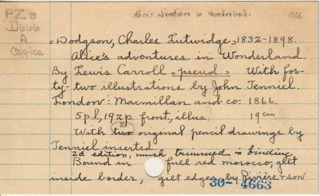 A close-up of a handwritten library card catalog entry for 'Alice's Adventures in Wonderland' by Lewis Carroll, dated 1866…