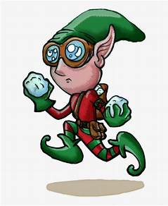 A cartoon elf with green pointy hat and ears, wearing round glasses and a red outfit, is running while holding two…