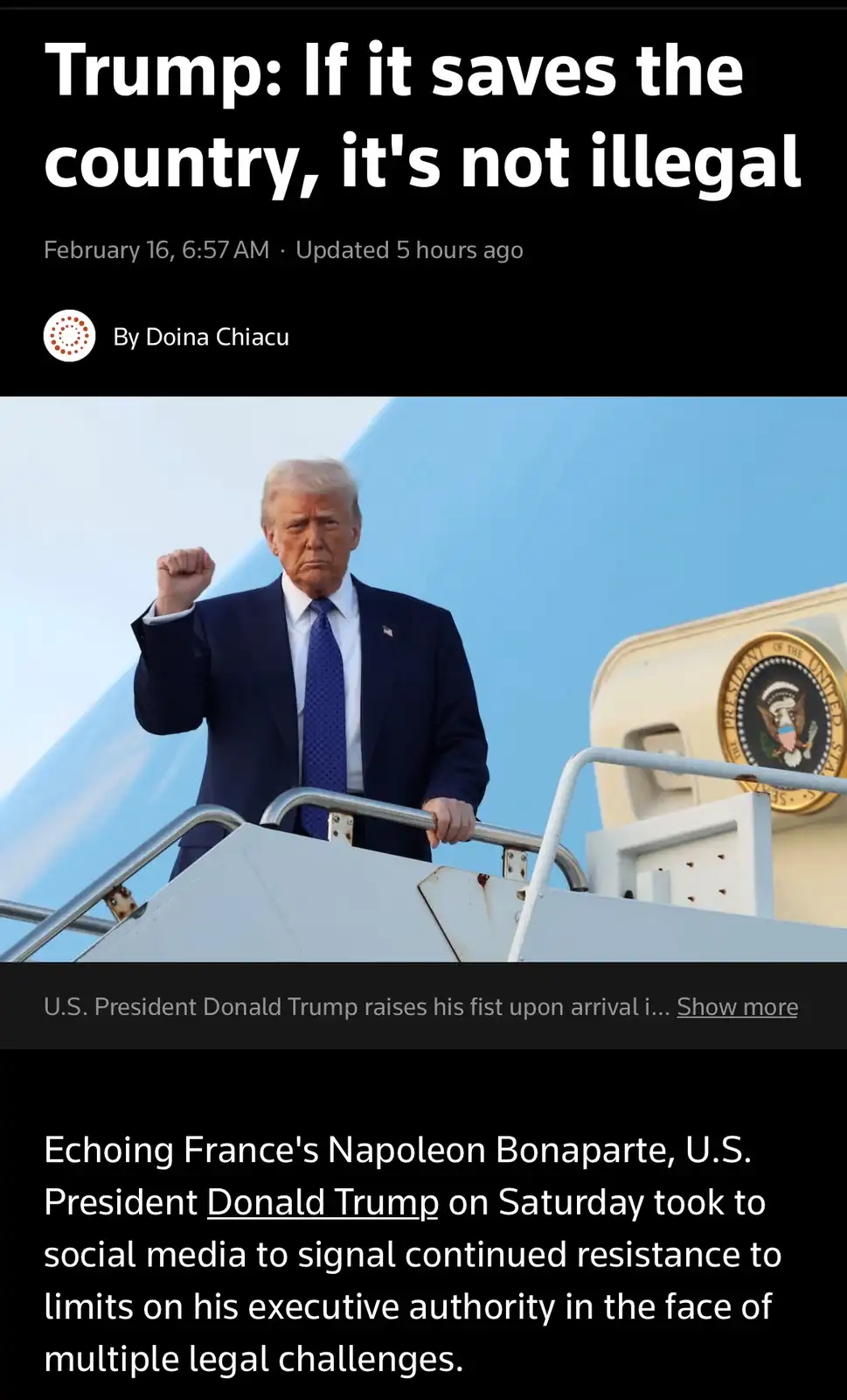 A screenshot of a news article shows Donald Trump raising his fist on the stairs of Air Force One, with the presidential…