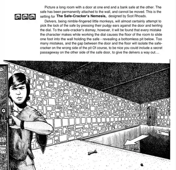 A black-and-white comic panel shows a character standing in a long room with a bank safe at the far end. The floor is…