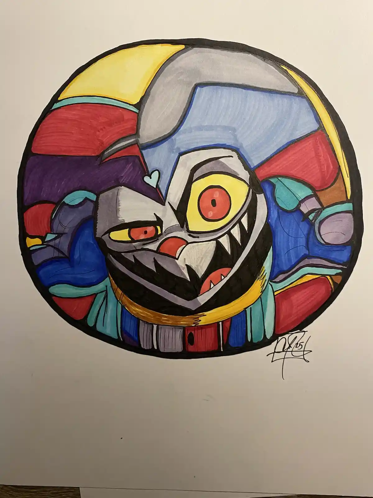 A hand-drawn, colorful illustration of a cartoonish, menacing clown-like face with sharp teeth, one large yellow eye, and a…