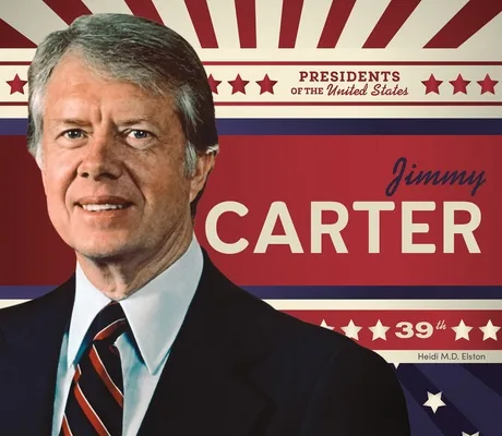 A formal portrait of Jimmy Carter, the 39th president of the United States, set against a patriotic red, white, and blue…
