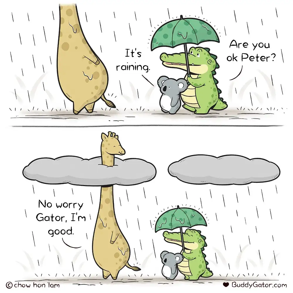 A two-panel cartoon shows a green alligator holding a green umbrella over a koala while it rains, asking a giraffe named…