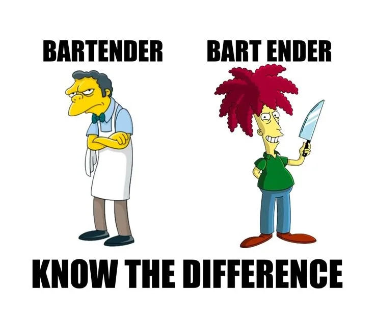 The image displays two cartoon characters side by side. On the left, a man in a bartender's apron with arms crossed is…