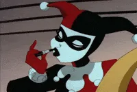 A six-panel animated sequence shows a cartoon character dressed as a jester with a red and black hat, white face, and red…