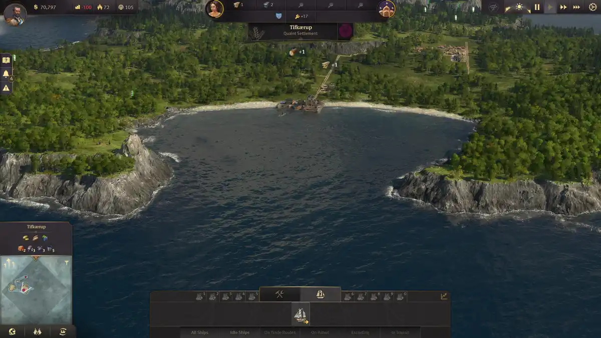 A screenshot from the game 'Anno 1800' shows a coastal settlement named 'Tifkærup' with a small dock and surrounding forest…