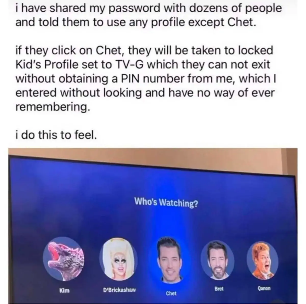 The image shows a TV screen displaying a 'Who's Watching?' profile selection menu with five circular profile icons labeled…