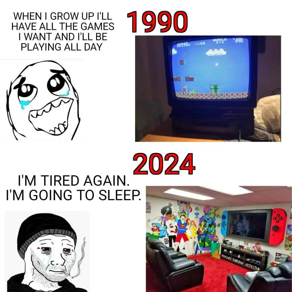 The meme contrasts two panels: the top shows a crying 'when I grow up' face next to a 1990 photo of a CRT TV playing Super…