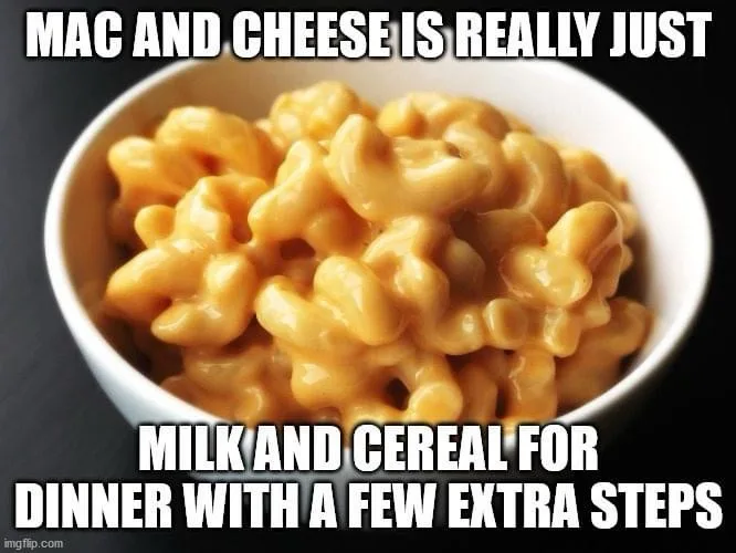 A close-up photo of a white bowl filled with creamy, orange macaroni and cheese against a dark background. Bold white text…