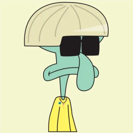 a cartoon squid wearing a beige cap, black sunglasses, and a yellow shirt, with a long, drooping tongue and a scrunched-up…