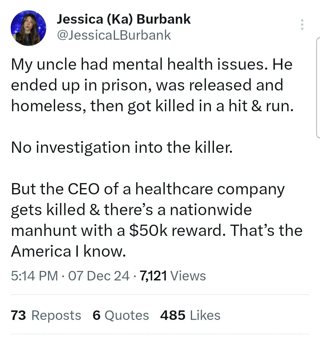 A screenshot of a tweet by Jessica (Ka) Burbank detailing the tragic death of her uncle with mental health issues, who went…