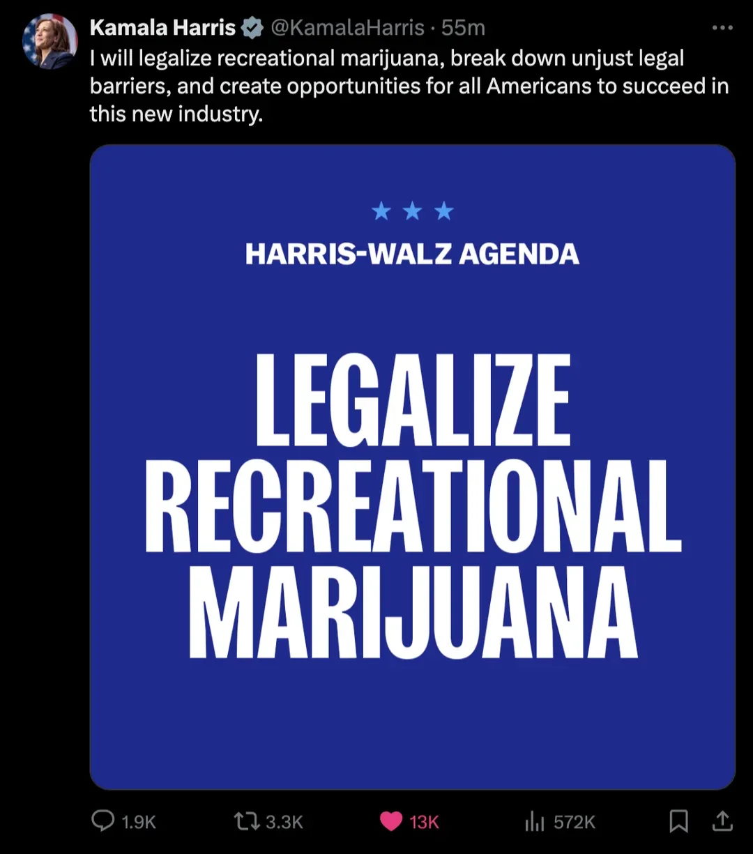 A screenshot of a tweet from Kamala Harris showing her statement about legalizing recreational marijuana. Below the tweet is…